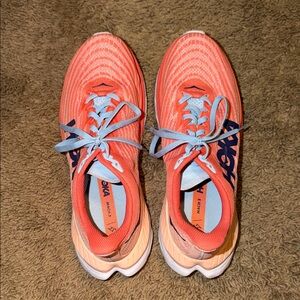 Hoka Coral and Sky Blue Athletic Shoes